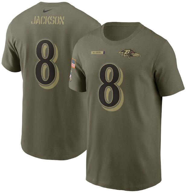 Men's Baltimore Ravens #8 Lamar Jackson 2021 Olive Salute To Service Legend Performance T-Shirt